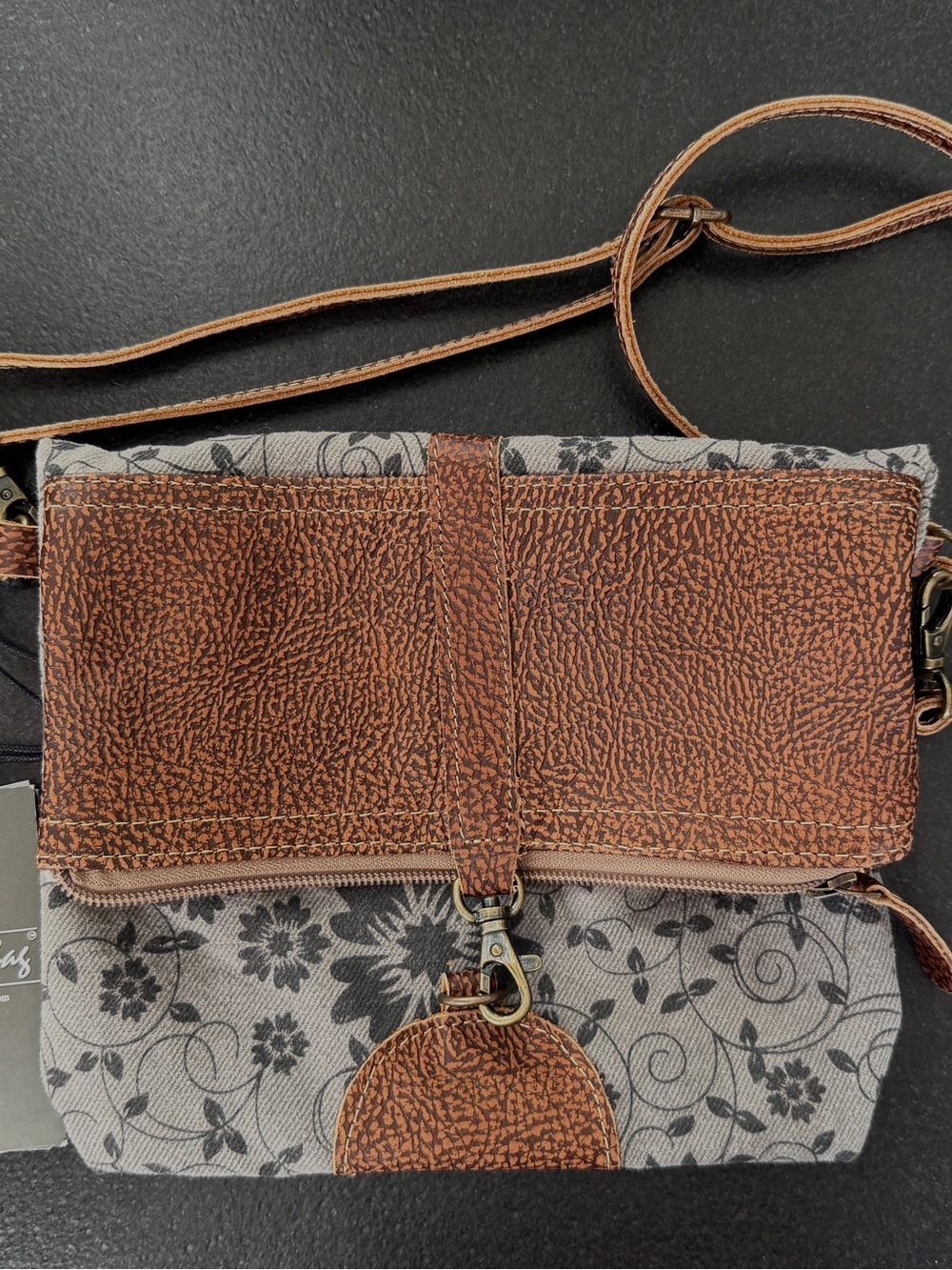 NWT Myra Bag Gray Floral and Leather Crossbody bag